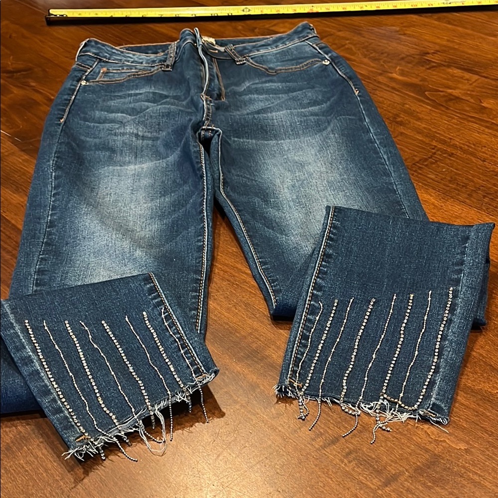 Denim Blvd Rhinestone Fringe Blue Jeans